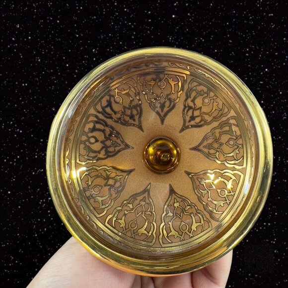 Decorium Turkish Glass Handcrafted Candy Dish Bowl Gold Gild W Lid Marked VTG - Picture 10 of 16